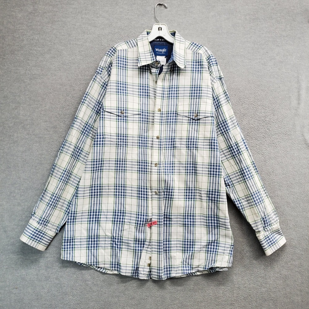 VINTAGE Wrangler Men Button Up Shirt 2XL Blue Plaid Western Long‎ Sleeve Y2K